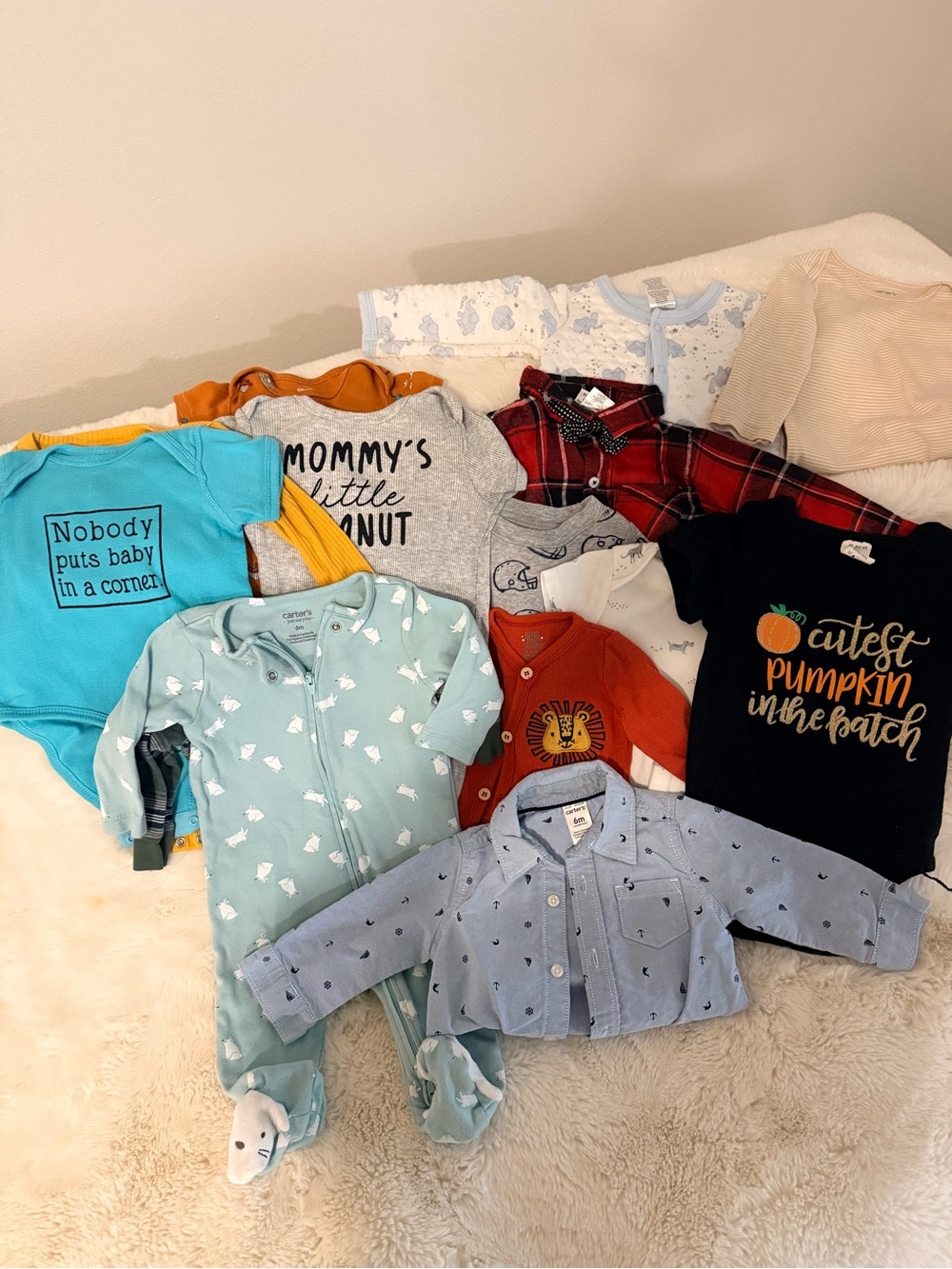 (14 pieces) Mixed Baby Clothing Bundle with Cute Prints - Blue, Black, Red, Teal